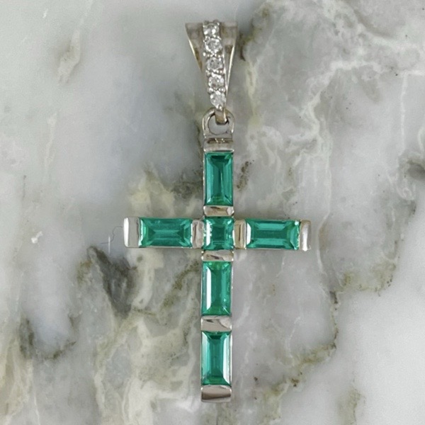 Baguette Emerald Cross Pendant and Diamonds